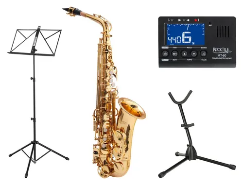 Classic Cantabile Winds AS-450 Eb-Altsaxophon Starter Set - Holzblasinstrumente, ergonomische Klappenmechanik für hohen Spielkomfort, inklusive Metro-Tuner, Saxophonständer und Notenständer für einen optimalen Start.