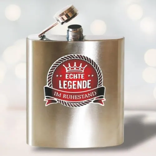 Premium Flachmann - Echte Legende im Ruhestand - aus gebürstetem Edelstahl mit 3D Doming Etikett – 200ml, rostfrei und langlebig – Perfekt für Whisky, Wodka und mehr | Geschenk zur Rente