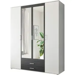 möbelando Kleiderschrank Hanau in Weiß/Graphit mit Spiegel - Kleiderschrank mit 4 Türen und 2 Schubladen, bietet viel Stauraum und setzt durch den Spiegel einen modernen Akzent im Raum.