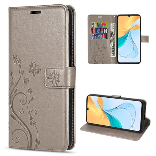 betterfon Hülle Kompatibel mit ZTE Blade V50 Vita | Premium PU Leder Handyhülle Wallet Case für Blade V50 Vita | Schutzhülle Blumen Klapphülle Handyhülle | Grau