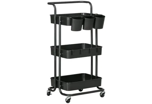 HOMCOM Servierwagen mit 3 Etagen - Servierwagen für Küche, Büro und Badezimmer. Mit 3 abnehmbaren Körben und 4 Haken für flexible Nutzung. Robuster Stahlrahmen und leicht beweglich dank Rollen.
