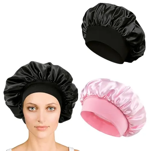 iLamvie 2 Stück Satin Haarhaube, Nacht Schlafhaube,Schlafhaube Haare Schützen,Satinhaube Zum Schlafen,Haarnetz Für Damen Und Mädchen(pink+Schwarz)