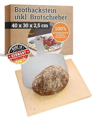Feuerfest 123 Brotbackstein eckig inkl. Brotschieber I 40x30x2,5cm I Lebensmittelechte Backofen-Steinplatte aus Schamotte I Backstein für Backofen & Grill I Ideal für Brot, Pizza & Flammkuchen