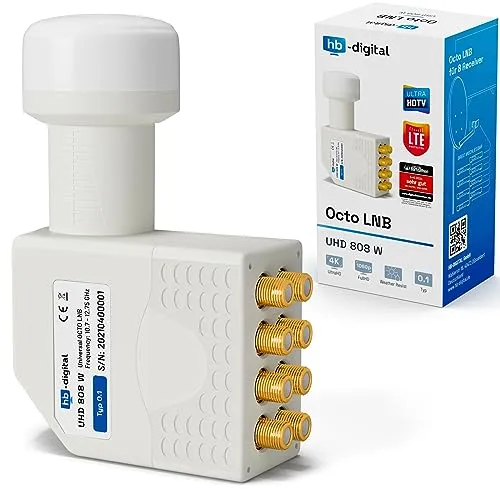 Octo LNB UHD 808 - 8-fach Teilnehmer Receiver - LNB für FULL HDTV, 3D und 4K, ideal für bis zu 8 Receiver. Mit nur 0,1dB Rauschmaß sorgt er für beste Bildqualität.