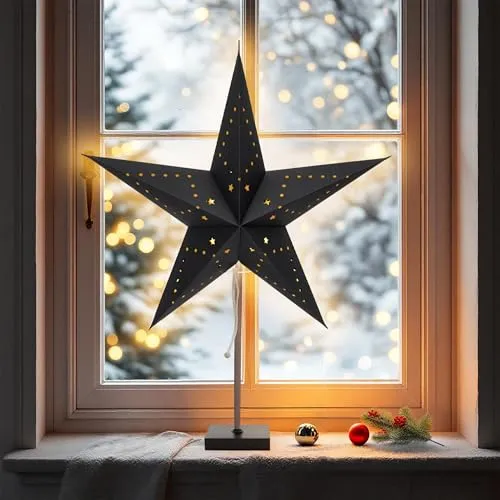 Spetebo Papier Weihnachtsstern Tischleuchte auf Fuß 60 cm - schwarz - Dekostern Tischlampe für E14 Glühbirnen - Weihnachten Advent Winter Deko Leuchte Stern Tisch Aufsteller beleuchtet