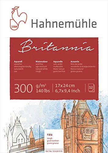 Hahnemühle Britannia Aquarellblock - 300 g/m², 12 Blatt, 17 x 24 cm, raues naturweißes Papier für Aquarell, Gouache, Tempera und Acryl