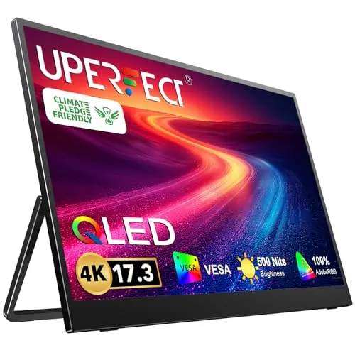 UPERFECT 17,3 Zoll 4K QLED Portable Monitor 100% AdobeRGB 1500:1 500 Nits mit Integrierte Halterung Mini HDMI USB C für Laptop, PC, Xbo, PS4/5, Switch, VESA-kompatibel
