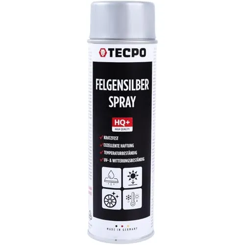 TECPO Felgensilber-Spray, 500ml Felgensilber Spray schnell trockend Felgenlack auf Acrylbasis für Reparatur von Stahl und Leichtmetall