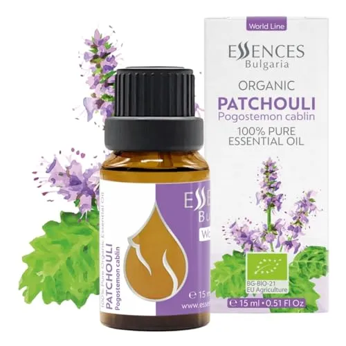 Essences Bulgaria Bio-Patchouli Ätherisches Öl 15ml | Pogostemon cablin | 100% Naturrein | Unverdünnt | Therapeutischer Grad | Aromatherapie | Kosmetik | Tierversuchsfrei | Gentechnikfrei | Vegan