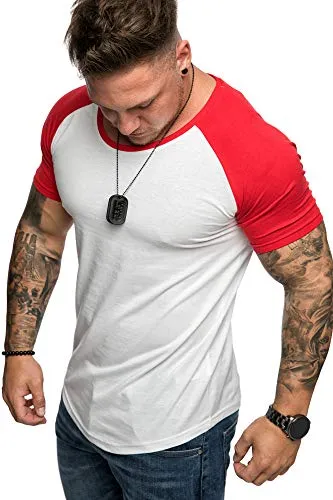 Amaci&Sons Oversize Doppel Farbig Herren Slim-Fit Crew Neck Basic T-Shirt Rundhals 1-0015 Weiß/Rot L