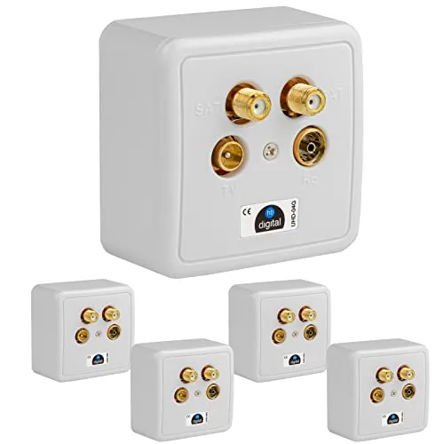 HB-DIGITAL 5X 4-Loch Antennen-Dose SAT Kabel Enddose VERGOLDETE ANSCHLÜSSE (2X SAT/TV/Radio) für Koaxial- & Antennenkabel Fernsehen Full HD Digital Analog Aufputz Unterputz