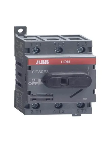 ABB OT80F3 Lasttrennschalter 3-polig 80A - Lasttrennschalter mit schwarzem Knebelgriff, ideal für sichere Trennung in elektrischen Installationen und hohe Zuverlässigkeit.