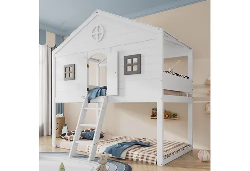Flieks Etagenbett Hausbett 90x200cm mit Leiter und Fenster - Stilvolles Etagenbett für Kinder, Maße: 204x126x205cm. Perfekt für Platzersparnis und kreatives Spielen. Belastbar bis 120kg, für Matratzen bis 13cm Höhe. Ideal für das Kinderzimmer!