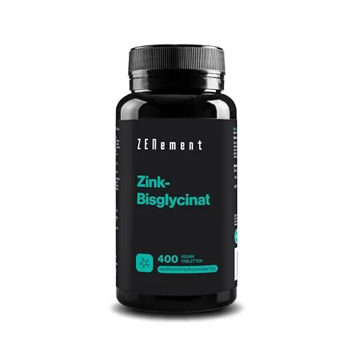 Zink-Bisglycinat, 400 Vegan Tabletten | Antioxidans, das Immunsystem stärkt, Haut, Haare sowie die Sehkraft unterstützt und gesund erhält | Vegan | Zenement