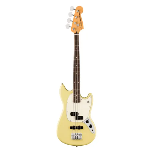 Fender Player II Mustang Bass PJ RW Hialeah Yellow - Sonstige E-Bässe, Player II-Serie mit einzigartigem Hialeah Yellow Finish, ausgestattet mit vielseitigen Alnico 5 Tonabnehmern für einen kraftvollen Sound.