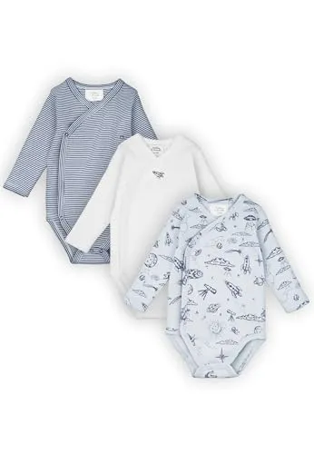Stellou & friends Baby Body, 100% Bio-Baumwoll Wickelbody 3er MultiSet, kuschelweiche und hochwertige Kinder Kleidung für Jungs und Mädchen, Langarm-body,space-50/56