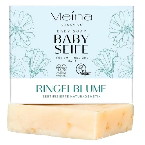 Meina Bio Baby Seife für empfindliche Haut, Sehr milde Kinderseife ohne reizende Inhaltsstoffe, Naturseife mit Ringelblume, Zertifizierte Naturkosmetik, 100% Natürlich, Vegan, Handgemacht, 100g