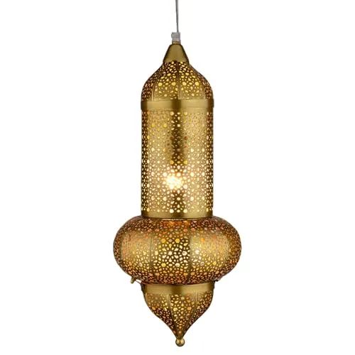 Marrakesch Pendelleuchte Jamini Gold - Orientalische Hängelampe aus handgearbeitetem Metall, ideal für stimmungsvolle Beleuchtung in Ihrem Wohnraum. Durchmesser 20 cm, Höhe 51 cm, Leuchtmittel nicht enthalten.