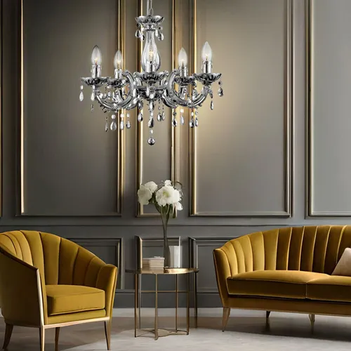 Eleganter 5-flammiger Kronleuchter mit Kristall-Acryldekor in silber von Globo