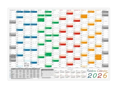 Rainbow Wandkalender 2026 - DIN A1 gefaltet - Wandkalender im Rainbow-Layout, 14 Monate, inklusive Kalenderwochen, Feiertagen und Mondphasen. Ideal für eine klare Übersicht und Planung im großen Format.