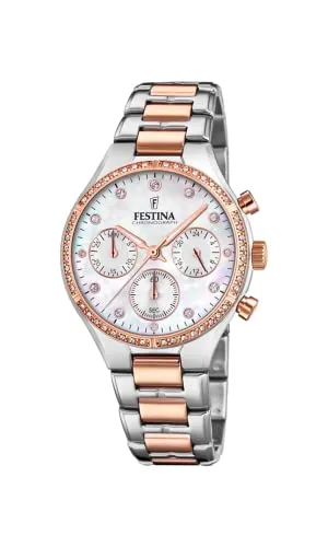 Festina Damen Chronograph F20403/1 - Elegante Quarz Uhr mit Edelstahl Armband - Armbanduhren für Damen mit 36 mm Gehäuse, Perlmutt-Ziffernblatt und funkelnden Zirkonia, ideal für stilbewusste Frauen.