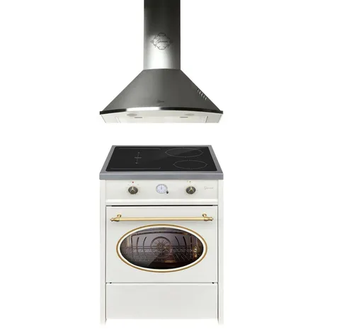 GURARI Induktions-Standherd Retro Induktions Standherd 60 cm, 8 Funktionen, 60 L +Dunstabzugshaube 60 cm GCH E 612 Cr r+GCH 046 IS 6., mit 1-fach-Teleskopauszug