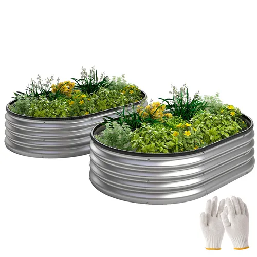 Outsunny Hochbeet Metall 2er Set – Oval, 135 x 90 x 30 cm - 2er Set Hochbeete aus verzinktem Stahl für langlebigen Einsatz im Garten. Ideal für Gemüse und Kräuter, mit offener Basis für optimale Drainage und gesunde Wurzelentwicklung. Sicherer Aufbau dank Gummistreifen und Handschuhen.