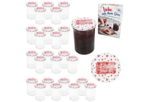 MamboCat Einmachglas 25er Set 435ml - Mit Liebe gemacht - Einmachgläser Set für Marmelade, Honig und mehr. Ideal zum Einkochen und Pasteurisieren, inklusive liebevoll gestalteter Deckel und Rezeptheft.