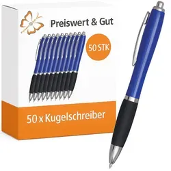 Kuli – Kugelschreiber Set, Schreibgeräte – Druckmechanismus, blauschreibend, Großraummine, 14cm, Schreibset schwarz/blau 50 x
