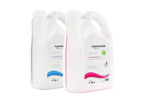 Freizeitschmiede Set Simple Blue + Simple Rinse - Camping-Toiletten Set mit 2L Simple Blue für geruchfreies Abwasser und 2L Simple Rinse für frisches Spülwasser – ideal für Wohnwagen, Wohnmobil oder Boot.