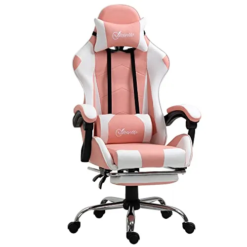 Vinsetto Gaming Stuhl Ergonomischer Bürostuhl mit Kopfstütze Massage-Lendenkissen Fußstütze Drehbarer Gamer Stuhl PC Stuhl mit Verbindungsarmlehnen, Wippfunktion Rosa