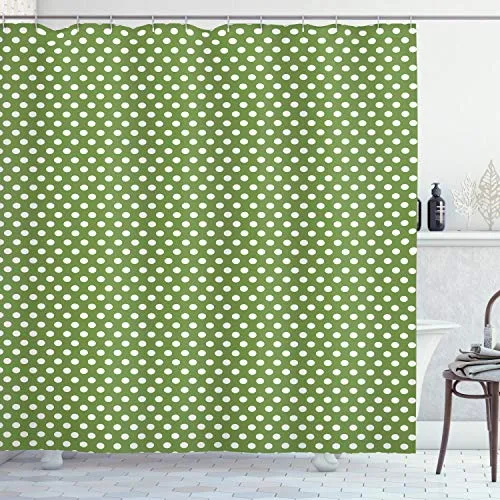 ABAKUHAUS Polka Dots Duschvorhang, Weiß Einfaches Tupfen, Stoffliches Gewebe Badezimmerdekorationsset mit Haken, 175 x 200 cm, Olivgrün und Weiß
