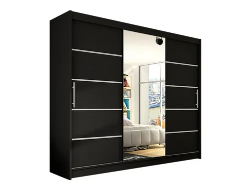 MIRJAN24 Großer Schwebetürenschrank Aston VI mit Spiegel - Schwebetürenschrank in Schwarz mit 3 Türen, ausgestattet mit Kleiderstange und großräumigen Regalen – ideal für ein modernes Schlafzimmer.