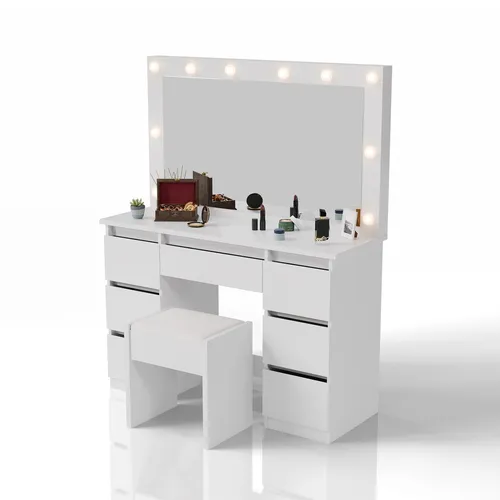 Juskys Schminktisch mit Spiegel Lilia - Schminktisch mit integriertem Spiegel und LED-Beleuchtung, bietet viel Stauraum für Kosmetik und Accessoires.