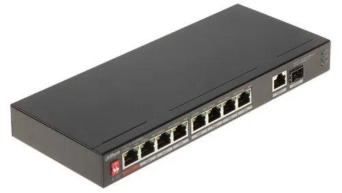 Dahua Technology PoE PFS3110-8ET1GT1GF-96 - Unmanaged Gigabit Ethernet Switch mit 8 PoE-Anschlüssen, ideal für die einfache Vernetzung und Stromversorgung von Geräten in einem kompakten Metallgehäuse.