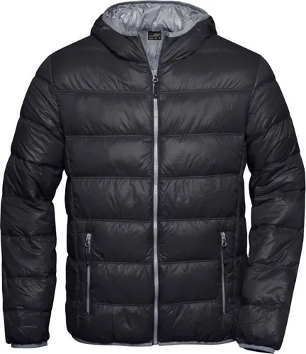 Daunen Sweatjacke JN1060 - James & Nicholson in Black/Grey 3XL - Funktionsjacken: Ultraleichte Daunenjacke mit Kapuze, ideal für sportliche Aktivitäten, bietet perfekten Schutz vor Kälte und hohen Tragekomfort.