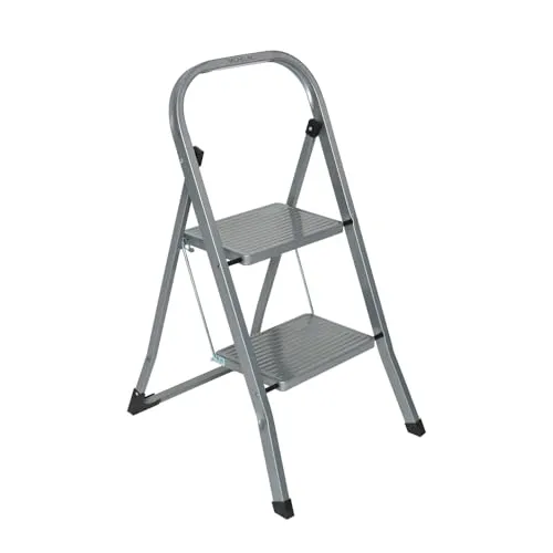 Stufenleiter mit 2 Stufen Metall Silber Michelino - Robuste Klappleiter mit 2 Stufen, gummierten Füßen für sicheren Stand und Sicherheitsverriegelung. Ideal für Haushalt und Handwerk, belastbar bis 150 kg.