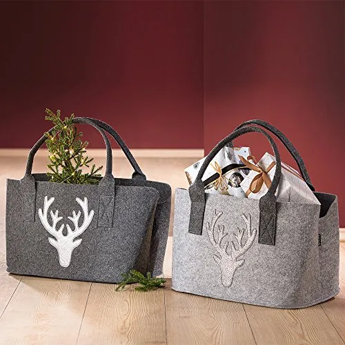 GILDE Filztasche Hirsch Glitter Grau - Einkaufstaschen, stilvolle Filztasche mit Hirschmotiv und Glitter, ideal für Shopping und praktische Aufbewahrung.