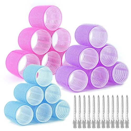 AiQInu 30 Stück Lockenwickler Set, Mit 18 Lockenwickler und 12 Metallklammern, Jumbo Groß Lockenwickler, 3 verschiedene Größen Selbsthaftend Hair Rollers (60, 45, 36mm)