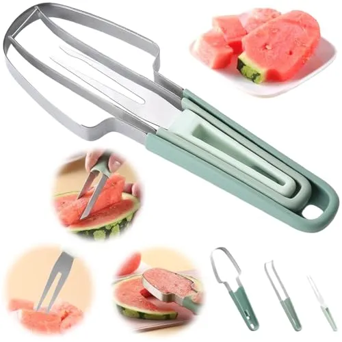 BSOON 3-in-1 Wassermelonen Schneider, Obstschneider aus Edelstahl, Melonenschneider Wassermelonengabel-Schneidewerkzeug, Melonen Würfel Wassermelonen Messer, Sommer Fruchtschneidegabel