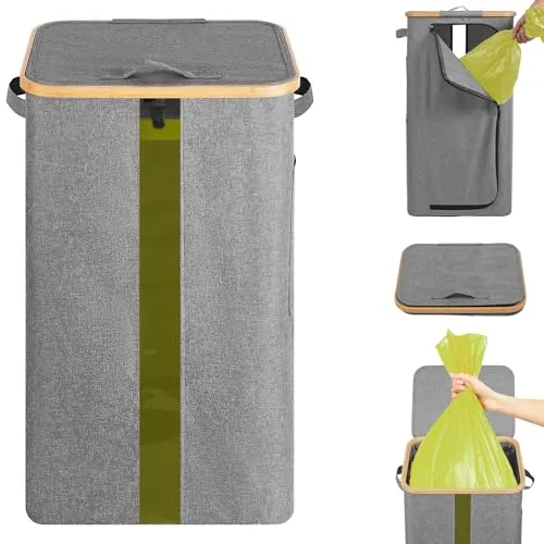 OUSFOT Gelber Sack Ständer 100L, Gelber Sack Mülleimer Integrierte 4 Clips Doppelgriffe Reißverschlussdesign auf der Rückseite Grau, für Wohnzimmer, Küche 【Keine Innentasche】