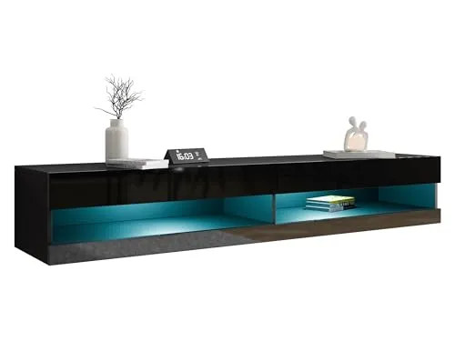 Mirjan24 TV Lowboard Vigo New 180 cm – Hochglanz TV Schrank mit LED-Beleuchtung - Stylisches TV Lowboard für Wandmontage, erhältlich in Hochglanz Schwarz oder Weiß. Mit blauer LED-Beleuchtung und einer Tragkraft von 30 kg. Ideal für modernen Wohnstil und einfachen Selbstaufbau.