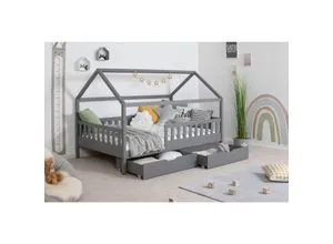 TiCAA Kinderbett Hausbett Kay aus Kiefer mit Schubkästen von TiCAA