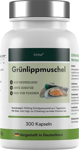 EXVital Grünlippmuschel hochdosiert - 300 Kapseln mit 500 mg pro Kapsel, 100% Neuseeländische Muscheln, frei von Füllstoffen und für dauerhaften Verzehr geeignet
