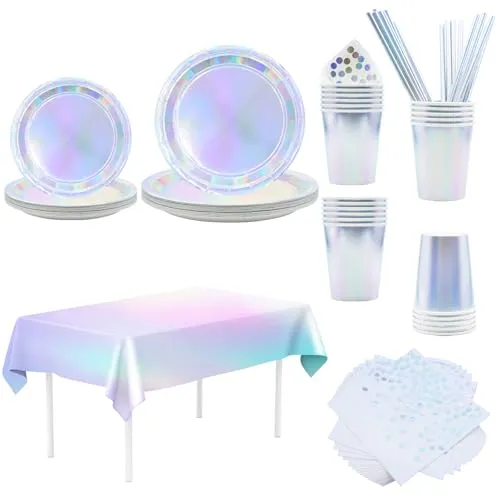 Vexillic Partygeschirr,121 Stück Pappteller Geburtstagsteller mit Servietten Pappbecher Tischtuch Stroh für Geburtstag,Jubiläum, Hochzeit, Bachelorette Party für 24 Gäste (Lasersilber)