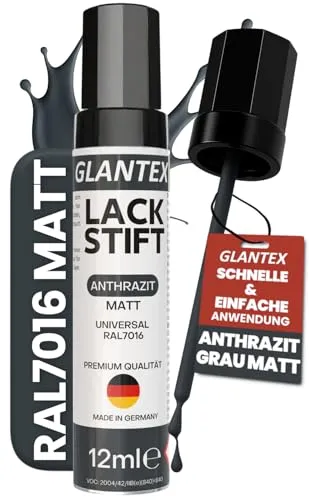 GLANTEX Lackstift Anthrazit Matt [12ml] – RAL 7016 Grau Matt – Hohe Deckkraft gegen Kratzer & Steinschläge – für Auto, Terrassendächer, Möbel, Metall u.v.m.