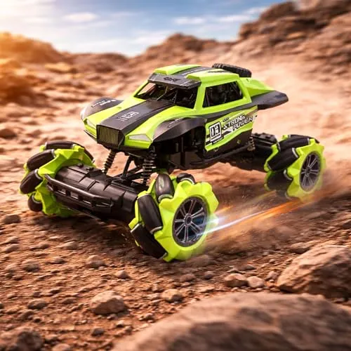 RC Stunt Auto 4WD Crawler, Monstertruck, Ferngesteuertes Quad Fahrzeug m. Musik, Led-Beleuchtung, 360 Drehung, Omnidirektionaler Steuerung m. flexiblen Achsen, RTR, Spielzeug f. Kinder u. Erwachsene
