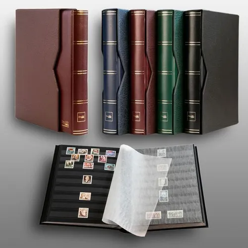 Prophila 60 schwarze Seiten Briefmarkenalbum wattiert mit Kassette rot