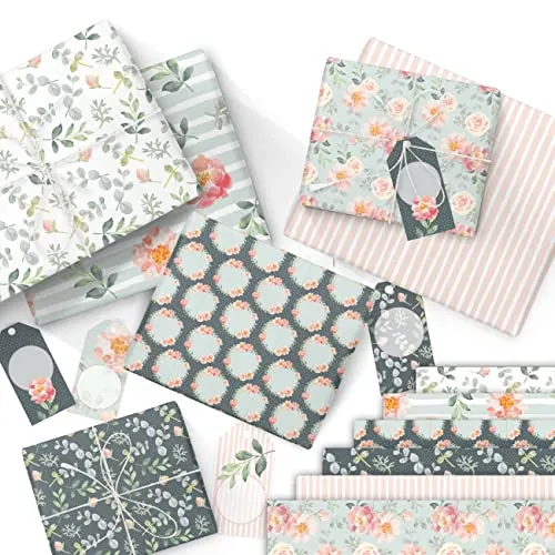 Papierdrachen Geschenkpapier für Muttertag - 6 Bögen Geschenkpapier (60x40cm) in 6 verschiedenen Designs - mit 5m Baumwollschnur - Aquarell Blumen - Set 01