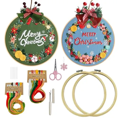 Huimai Stickset Ｗeihnachten Anfänger Stickerei Set Erwachsene mit 2 Stück Bambus Stickrahmen, Anleitung und Werkzeuge, Embroidery Kit für DIY Bastelset(Weihnachts-Girlande / 2 Stück)